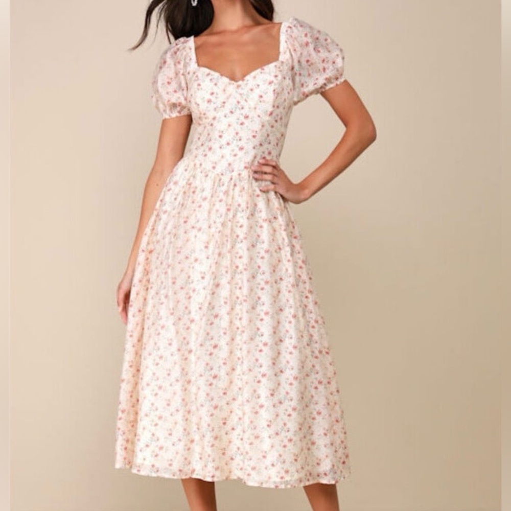 Lulus Floral Puff Sleeve Lace Up Back Midi Dress Womens M Ivory‎ Cottagecore